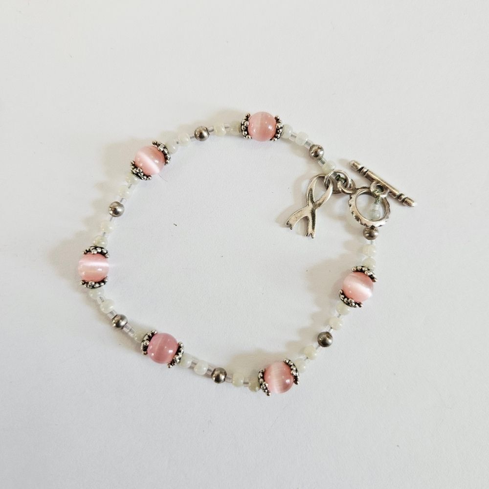 Beaded Pink Cat Eye Sterling Silver 925 Breast Cancer Awareness Toggle Bracelet